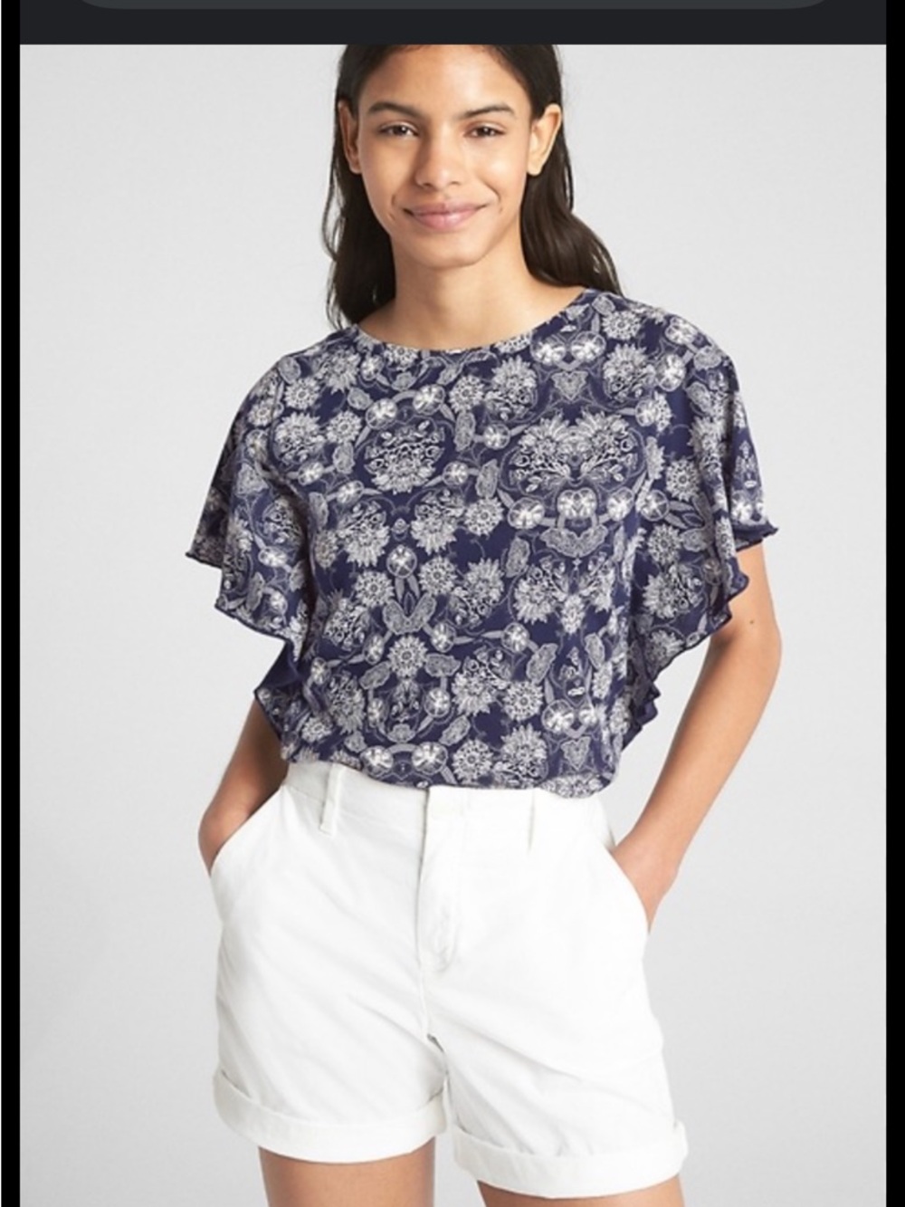 Gap Navy Floral Flutter Sleeve Top Size Large